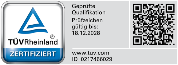 TÜV Rheinland Zertifikat – Geprüfte Qualifikation, gültig bis 18.12.2028